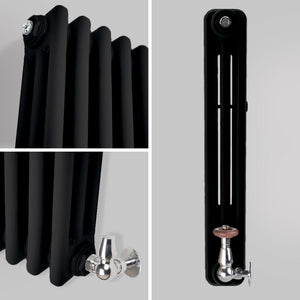 Zbliżenie profilu bocznego ukazujące szczegóły czarnego trójkolumnowego grzejnika dekoracyjnego