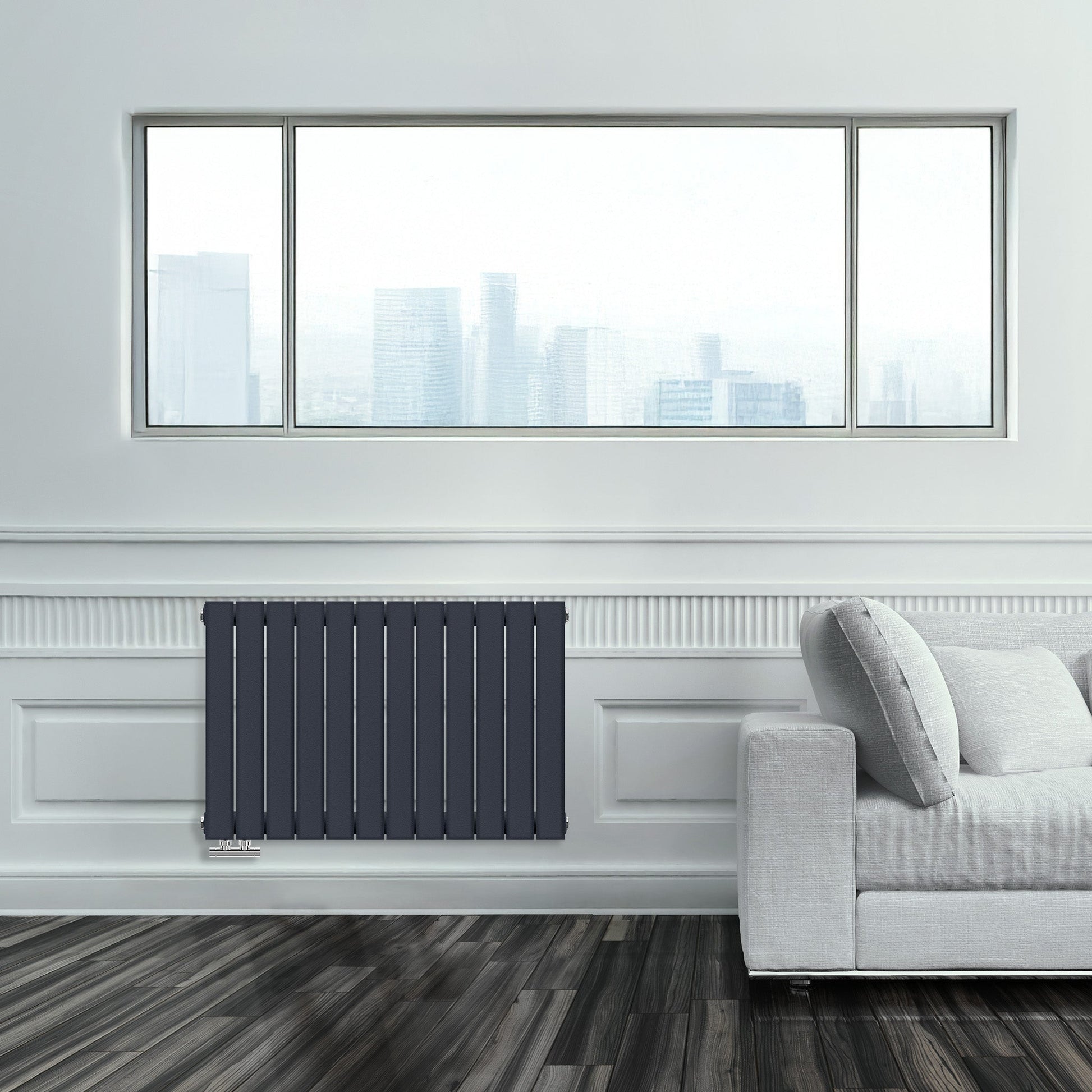 Grzejnik Ozdobny - Podwójny Panelowy Antracytowy - 560x840mm, Designerski grzejnik w nowoczesnym salonie firmy Heissmann