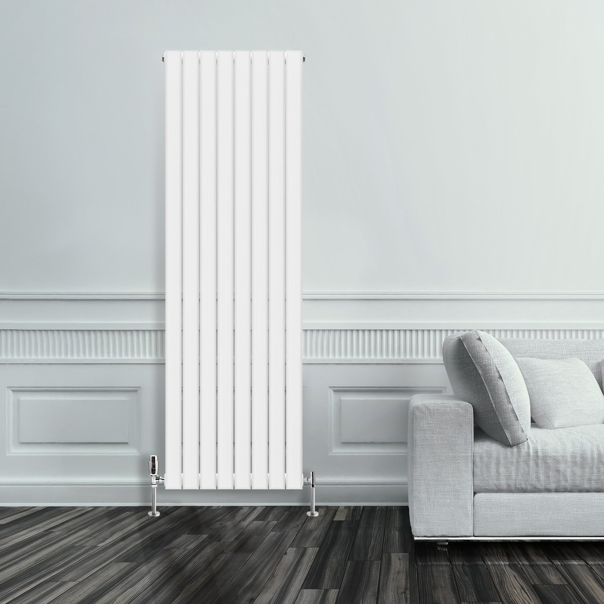 Grzejnik Pionowy Ozdobny - Podwójny Panelowy Biały - 1800x560mm, Designerski grzejnik w nowoczesnym salonie firmy Heissmann