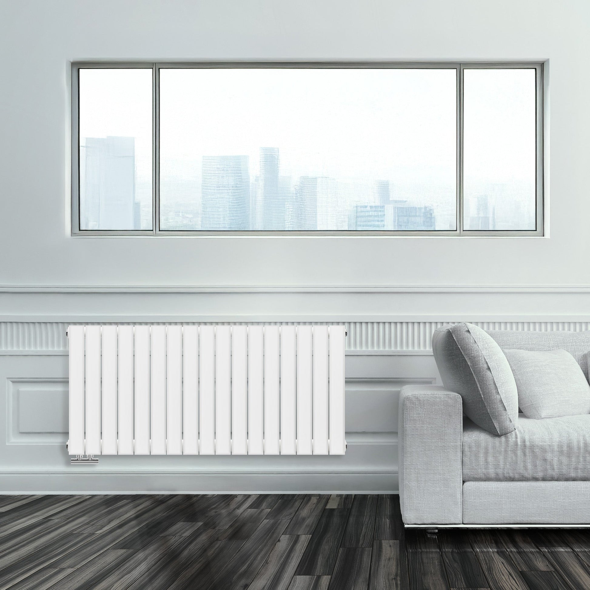 Grzejnik Ozdobny - Podwójny Panelowy Biały - 560x1190mm, Designerski grzejnik w nowoczesnym salonie firmy Heissmann