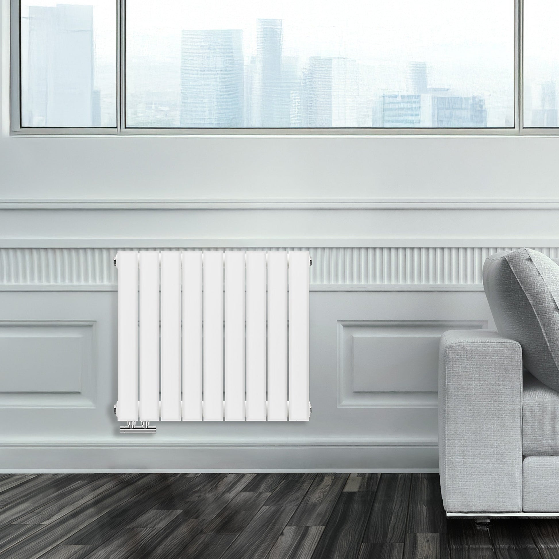 Grzejnik Ozdobny - Podwójny Panelowy Biały - 560x630mm, Designerski grzejnik w nowoczesnym salonie firmy Heissmann