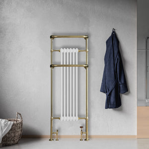 Grzejnik Łazienkowy Tradycyjny Żeberkowy - Szczotkowane złoto - 1500x575mm, Montaż podłogowy w nowoczesnej łazience
