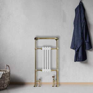 Grzejnik Łazienkowy Tradycyjny Żeberkowy - Szczotkowane złoto - 963x493mm, Montaż podłogowy w nowoczesnej łazience