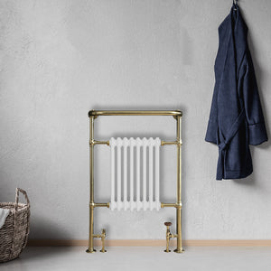 Grzejnik Łazienkowy Tradycyjny Żeberkowy - Szczotkowane złoto - 963x673mm, Montaż podłogowy w nowoczesnej łazience