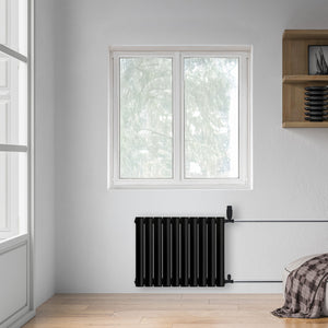 Grzejnik Dekoracyjny - Owalny Kolumnowy Czarny - 545x590mm, poziomy grzejnik dekoracyjny na ścianie firmy Heissmann