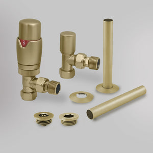 Zawór termostatyczny i zestaw wykończeniowy Kątowy - Szczotkowane złoto, dekoracyjne zawory grzejnikowe Mandelli - gładkie tło