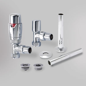 Zawór termostatyczny i zestaw wykończeniowy Kątowy - Chrom, dekoracyjne zawory grzejnikowe Mandelli - gładkie tło