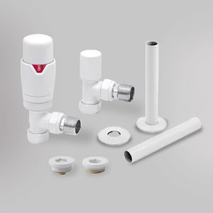 Zawór termostatyczny i zestaw wykończeniowy Kątowy - Biały, dekoracyjne zawory grzejnikowe Mandelli - gładkie tło