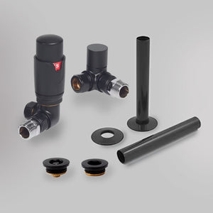 Zawór termostatyczny i zestaw wykończeniowy Trójosiowy - Czarny, dekoracyjne zawory grzejnikowe Mandelli - gładkie tło