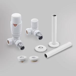 Zawór termostatyczny i zestaw wykończeniowy Trójosiowy - Biały, dekoracyjne zawory grzejnikowe Mandelli - gładkie tło