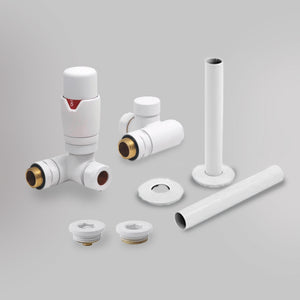 Zawór termostatyczny i zestaw wykończeniowy Dwupaliwowy - Biały, dekoracyjne zawory grzejnikowe Mandelli - gładkie tło