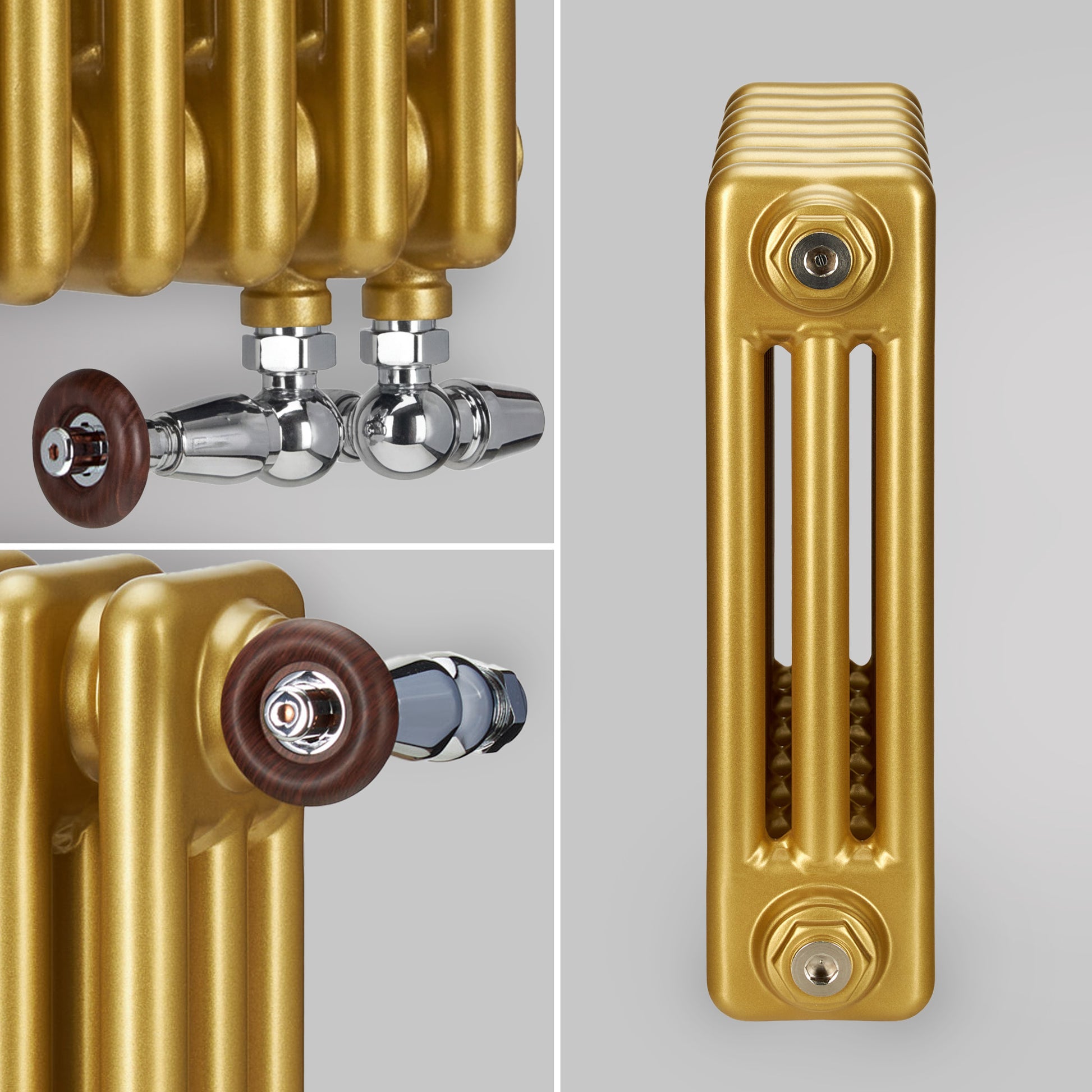 Grzejnik ozdobny pionowy żeberkowy w kolorze Szampańskie złoto – ekskluzywny grzejnik dekoracyjny