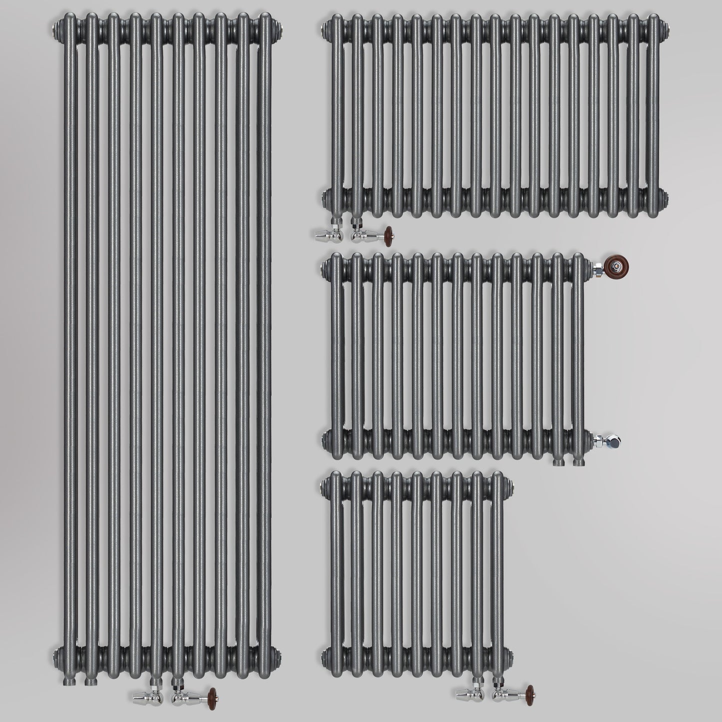 Grzejniki dekoracyjne żeberkowe Antyczne srebro – pionowe i poziome modele ozdobne