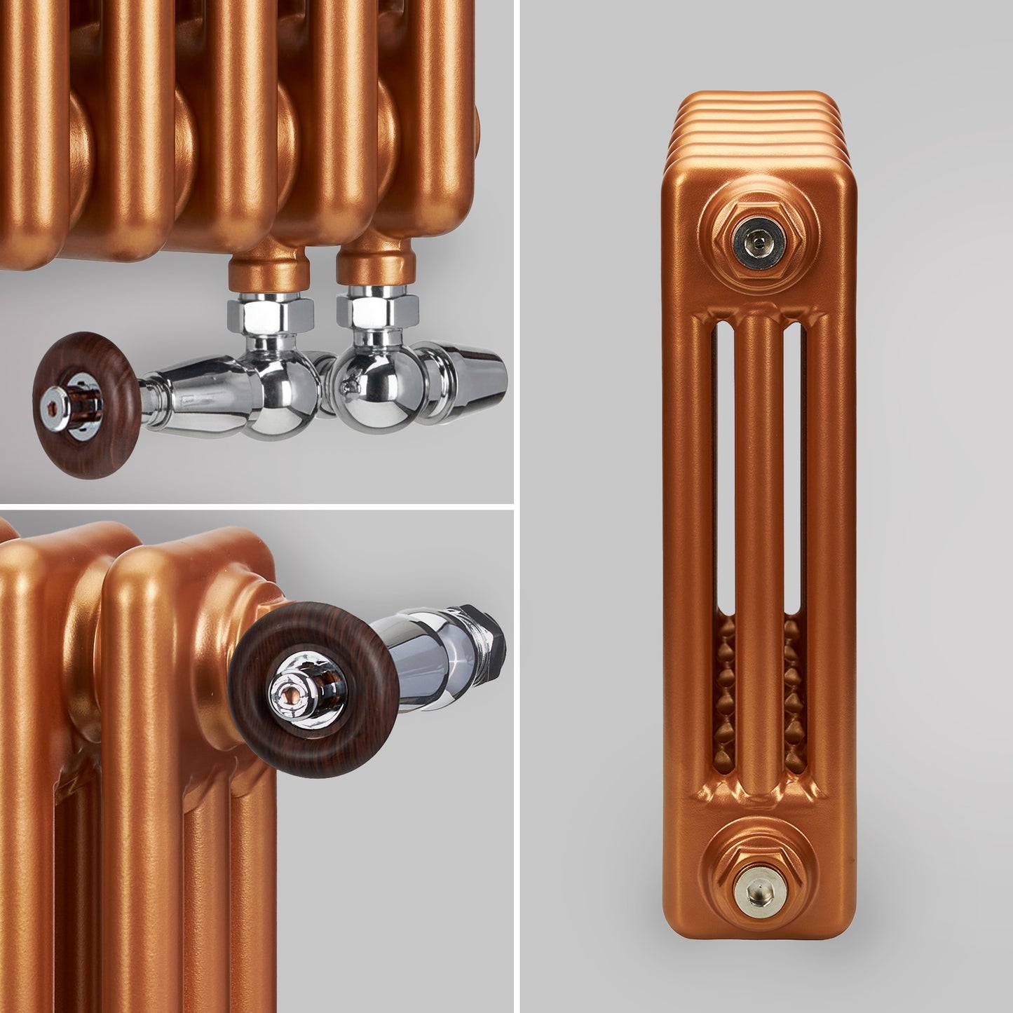 Grzejnik pionowy dekoracyjny żeberkowy w kolorze Metaliczna miedź – wersja pionowa i pozioma